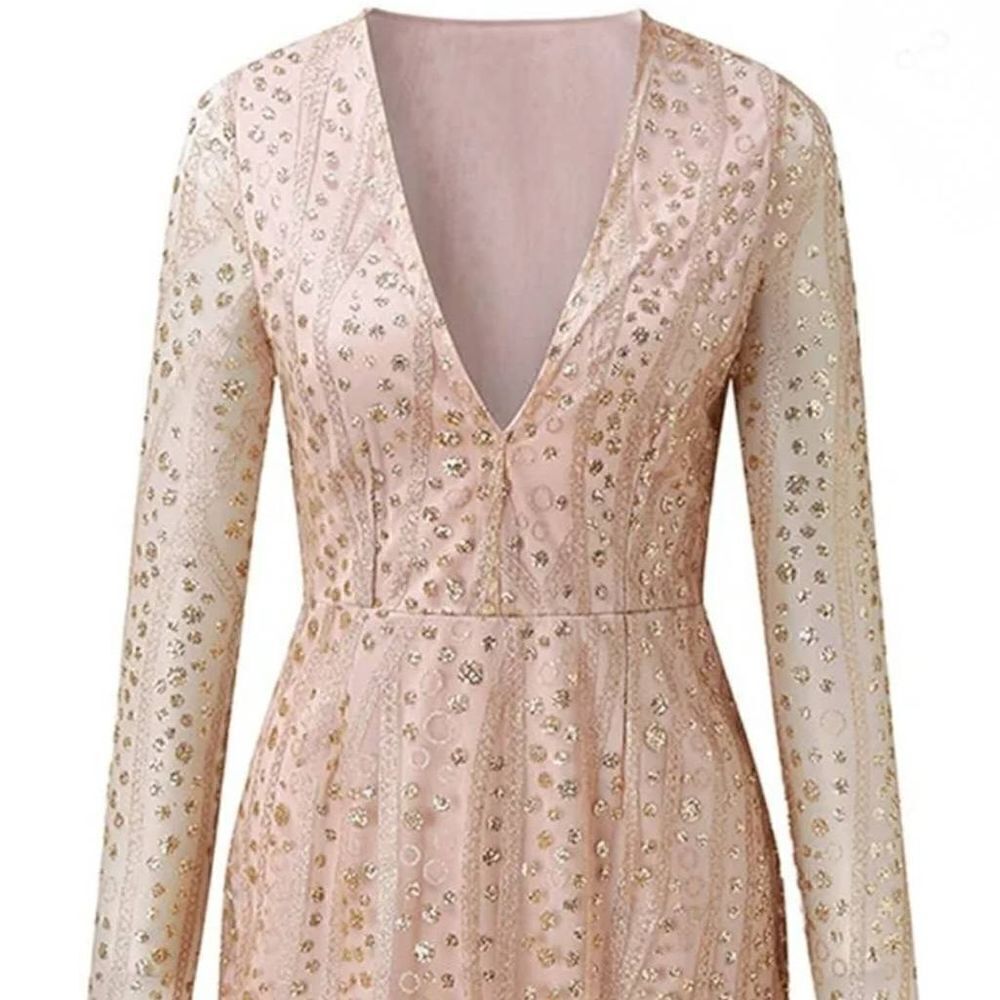 Glitter bodycon womens XS-S deep V mini dress sheer long sleeve metallic shimmer